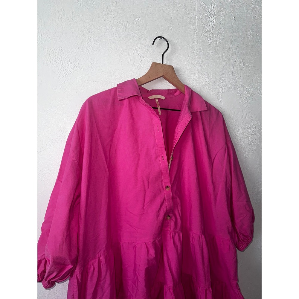 Free People Hot Pink Cotton Tiered Babydoll Mini Dress XS Oversized Poplin - Picture 3 of 5